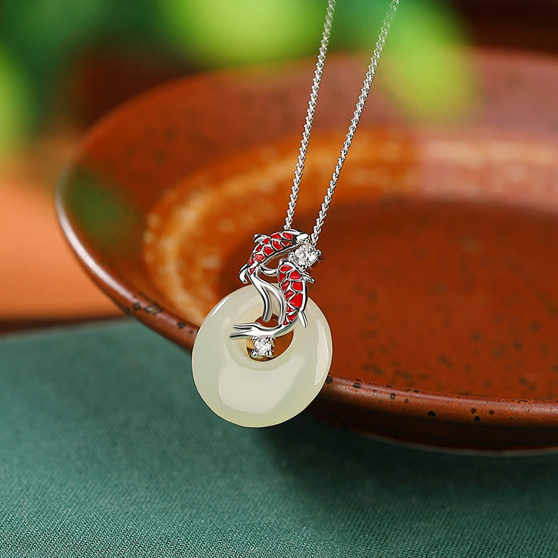 KarmaRipple's 925 Sterling Silver Hetian Jade Peace Buckle Koi Fish Fortune Pendant Necklace p5