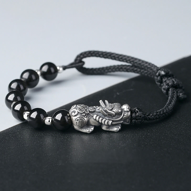 KarmaRipple's 999 Sterling Silver FengShui PiXiu Authentic Black Obsidian 925 Sterling Silver Bead Strength Bracelet p1