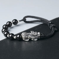 KarmaRipple's 999 Sterling Silver FengShui PiXiu Authentic Black Obsidian 925 Sterling Silver Bead Strength Bracelet