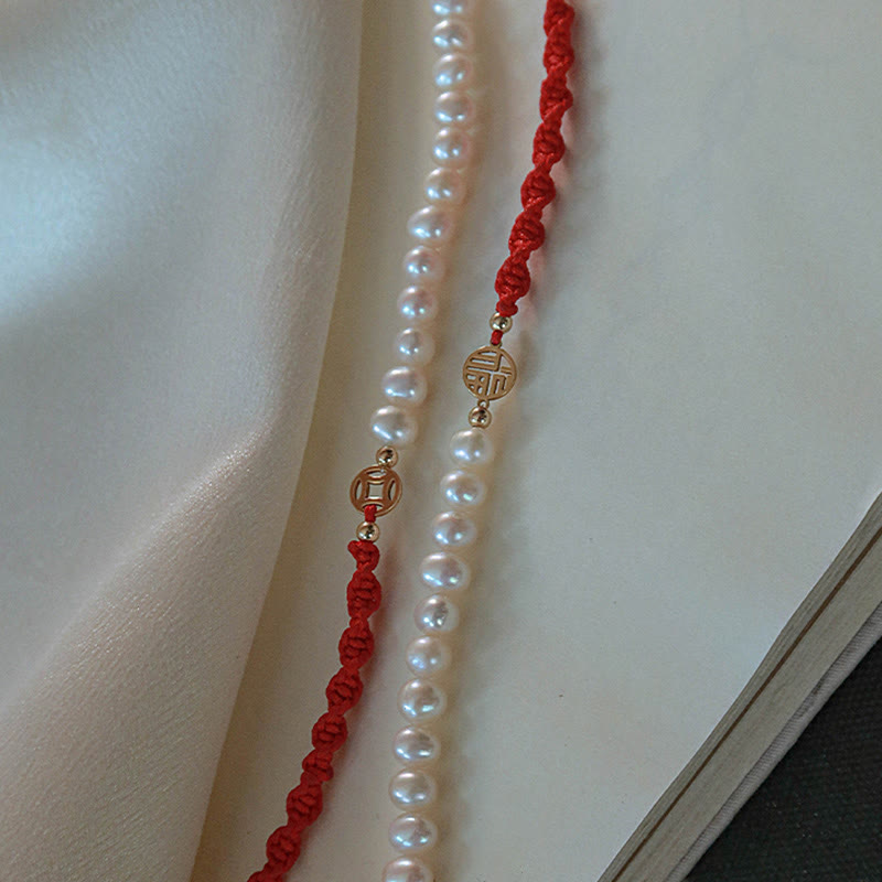KarmaRipple's 14K Gold Plated Pearl Bead Fortune Protection Braid Red String Bracelet p21
