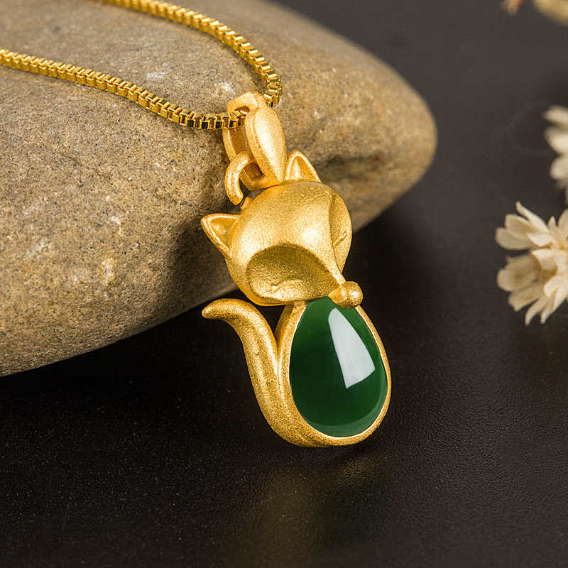KarmaRipple's Green Chalcedony Fox Pattern Courage Pendant Necklace p1