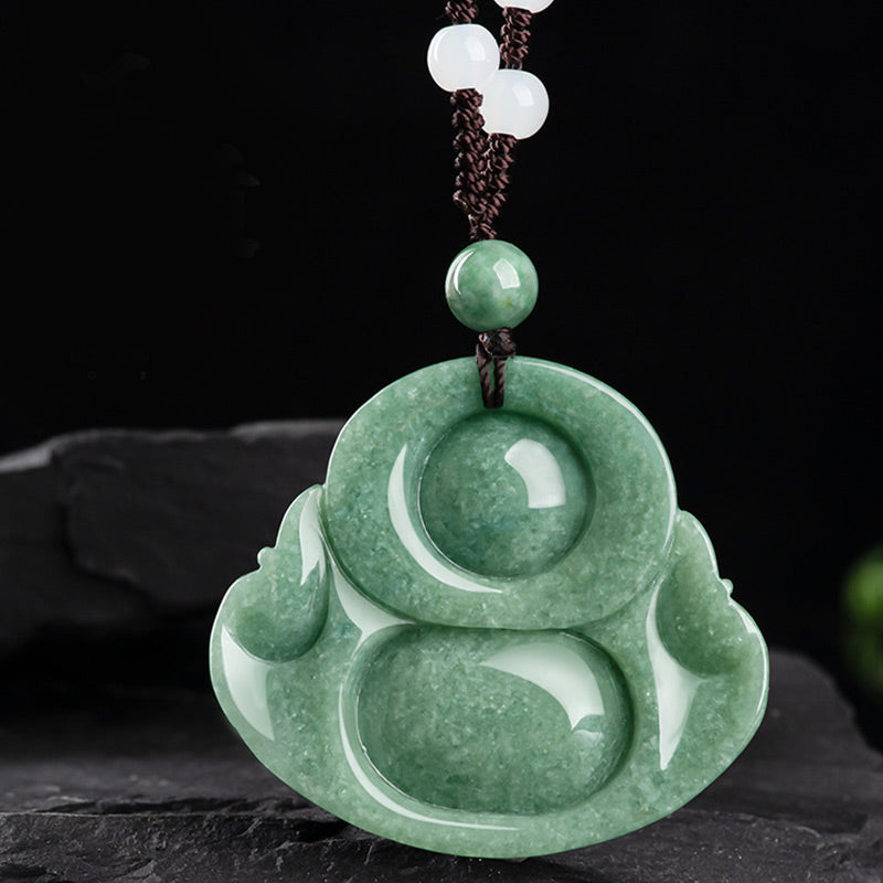KarmaRipple's Laughing Buddha Cyan Jade Balance Pendant String Bead Necklace p7