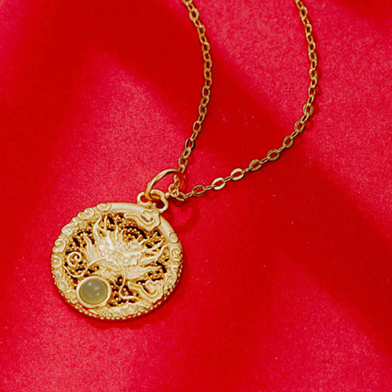 KarmaRipple's 925 Sterling Silver Year Of The Dragon Round Authentic Hetian Jade Inlaid Strength Pendant Necklace ( p4