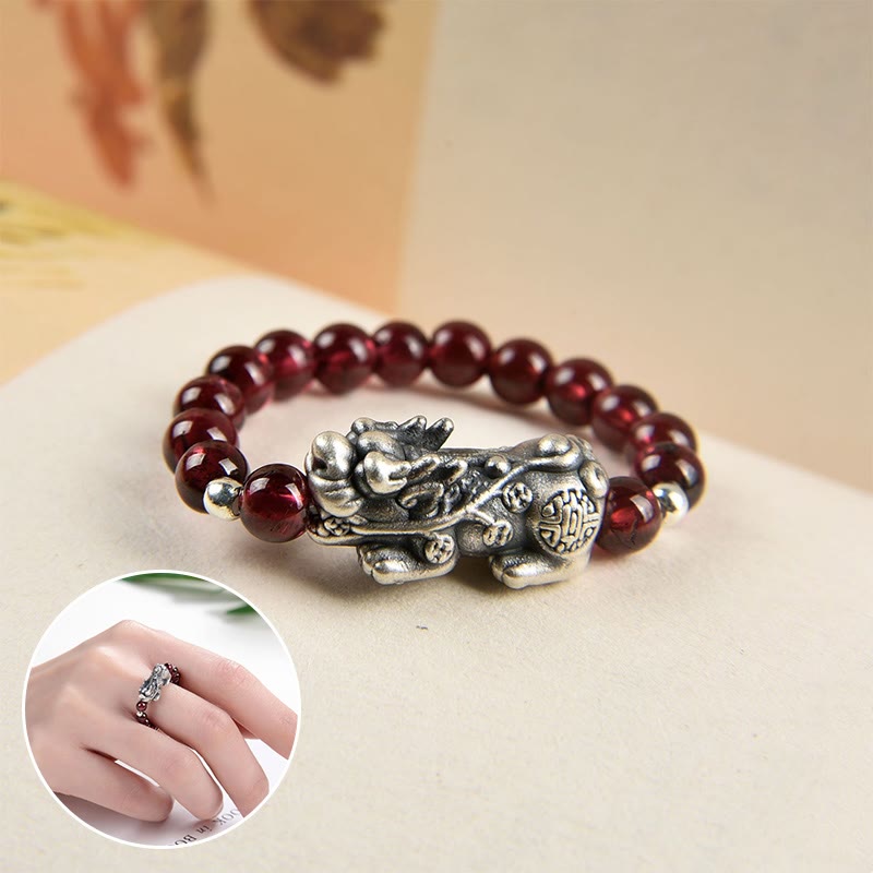 KarmaRipple's 925 Sterling Silver Authentic Garnet Moonstone Red Agate PiXiu Wealth Ring p1