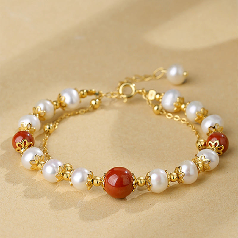 KarmaRipple's 925 Sterling Silver Pearl Cinnabar Wisdom Bead Double Layer Chain Bracelet p14