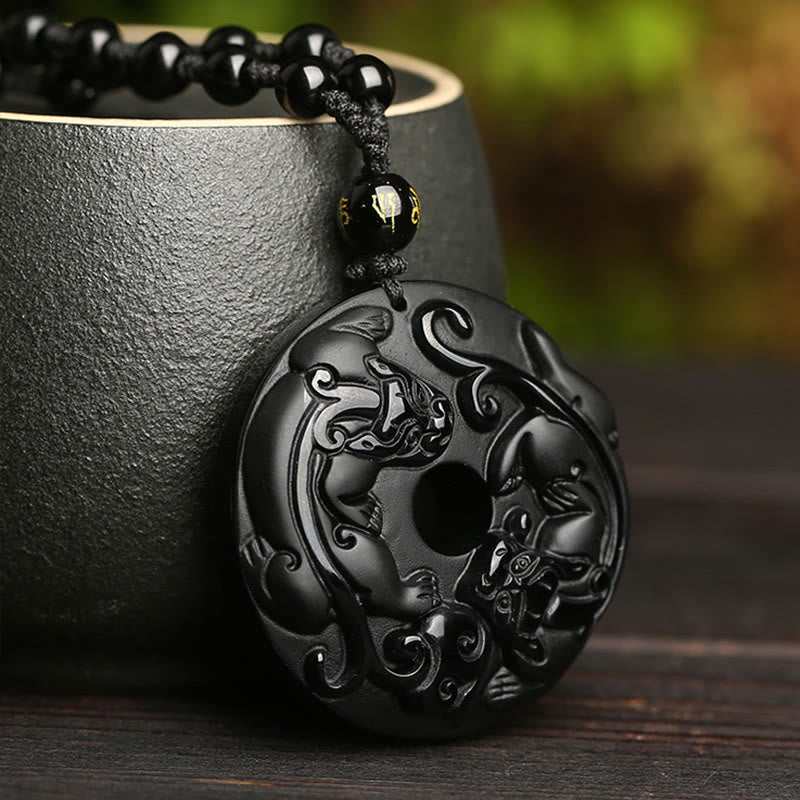 KarmaRipple's Authentic Black Obsidian Peace Buckle Pixiu Bead Rope Strength Pendant Necklace p4