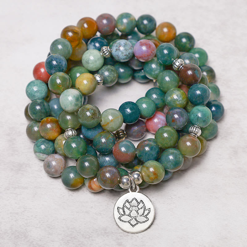 KarmaRipple's 108 Mala Beadwork Indian Agate Lotus OM Buddha Tree of life Positive Calm Bracelet p1