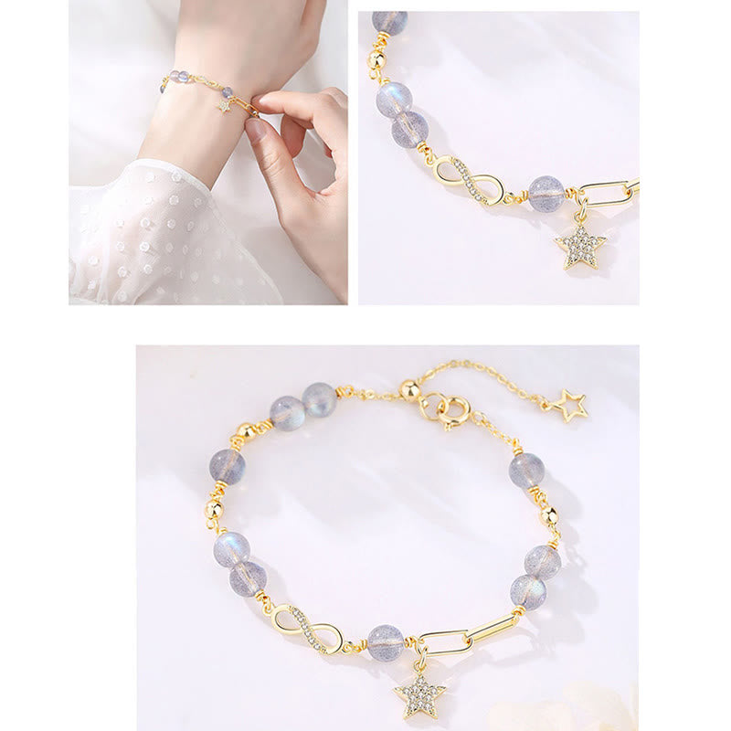 KarmaRipple's 14K Gold Plated Authentic Strawberry Quartz Moonstone M?bius Loop Eternal Love Star Positive Bracelet p13