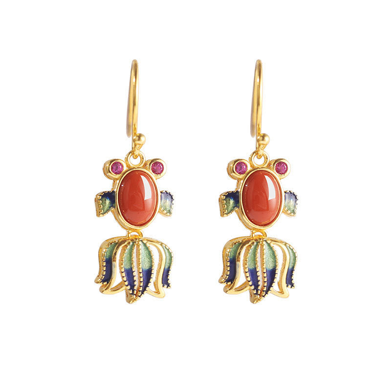KarmaRipple's 925 Sterling Silver Hetian Ivory Jade Red Agate Cute Fish Happiness Drop Earrings p15