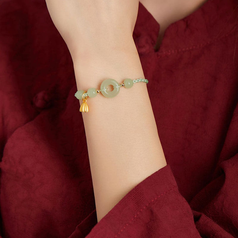 KarmaRipple's Round Peace Buckle Jade Lotus Happiness Abundance Wealth String Bracelet p17