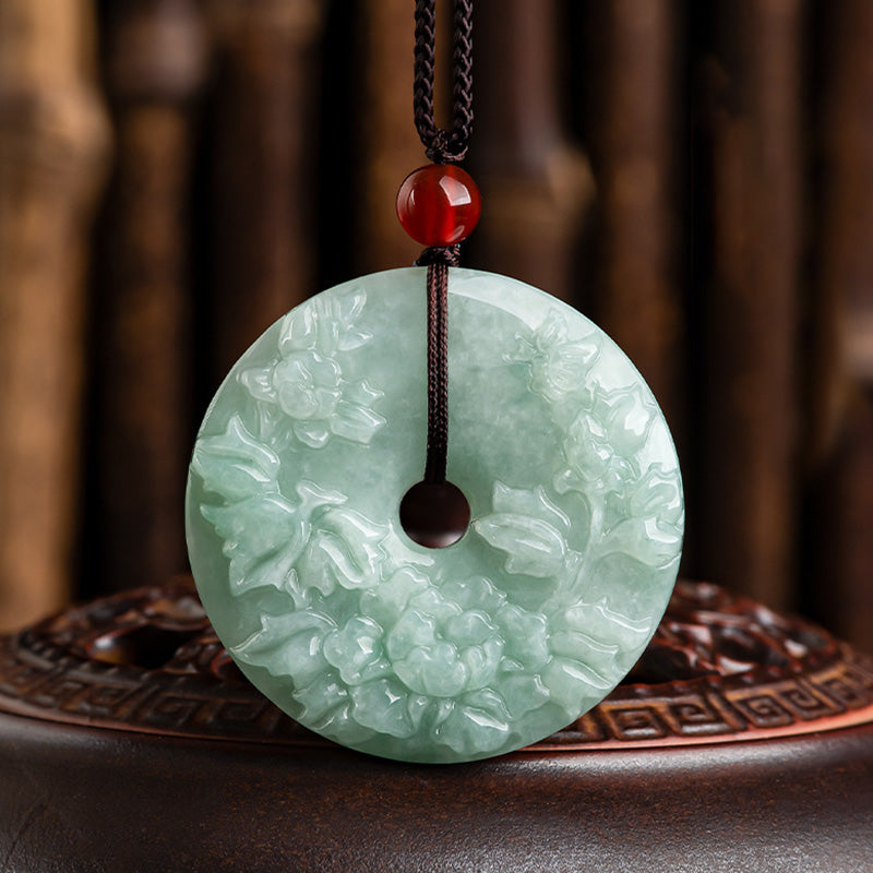 KarmaRipple's Round Jade Peace Buckle Peony Flower Abundance Pendant Necklace p1
