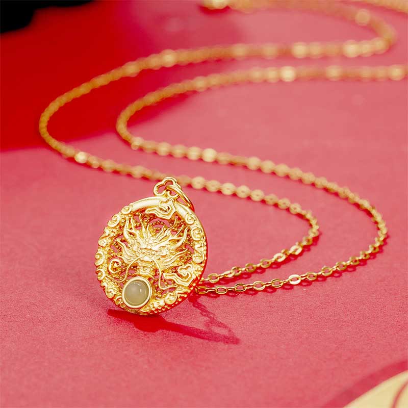KarmaRipple's 925 Sterling Silver Year Of The Dragon Round Authentic Hetian Jade Inlaid Strength Pendant Necklace ( p2