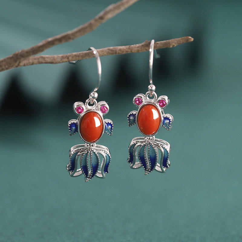 KarmaRipple's 925 Sterling Silver Hetian Ivory Jade Red Agate Cute Fish Happiness Drop Earrings p4