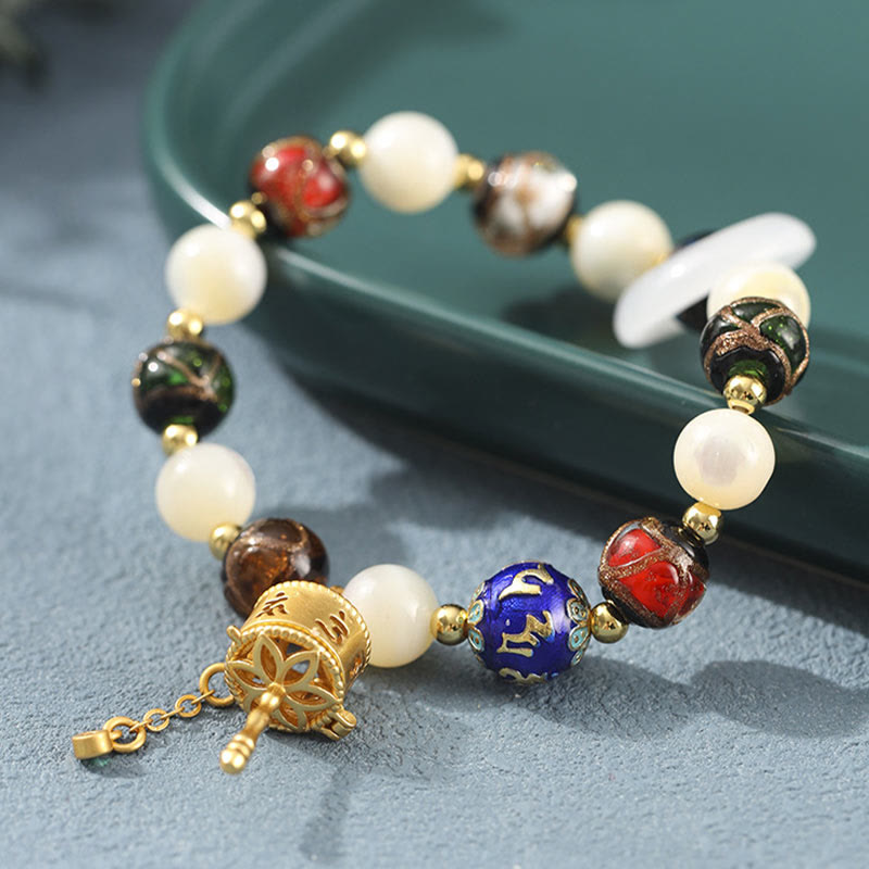 KarmaRipple's Tibetan Incense Ash Liuli Glass Tridacna Stone Sun Stone Om Mani Padme Hum Prayer Wheel Talisman Bracelet p4
