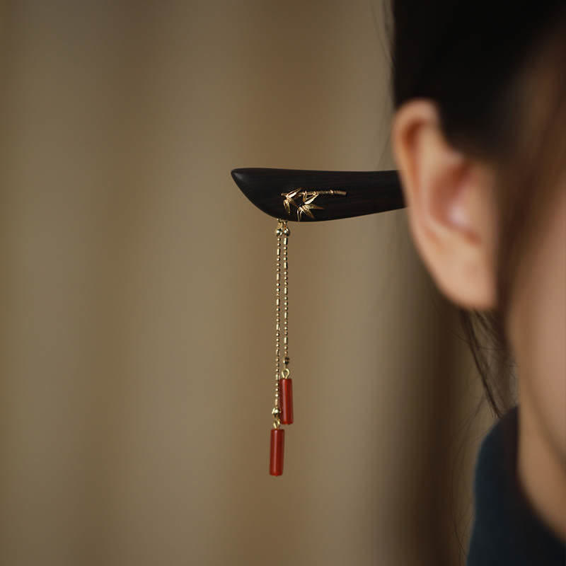 KarmaRipple's Red Agate Ebony Wood Confidence Tassel Hairpin p1