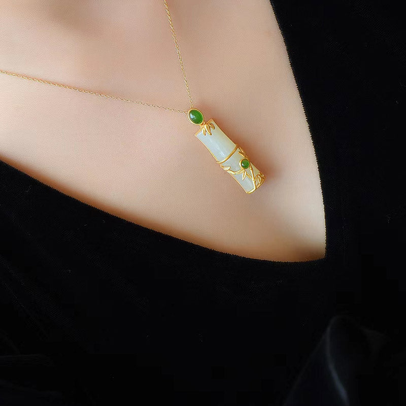 KarmaRipple's Ivory Jade Cyan Jade Bamboo Protection Pendant Necklace p5