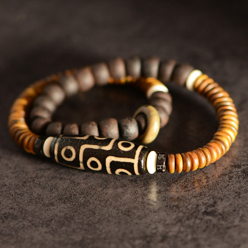KarmaRipple's Tibetan Nine-Eye Dzi Bead Green Sandalwood Ebony Wood Peace Double Wrap Bracelet p2