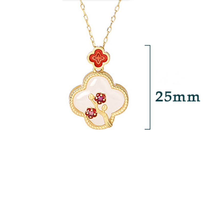 KarmaRipple's 24K Gold Plated Ivory Jade Four Leaf Clover Plum Blossom Fortune Pendant Necklace Earrings p7