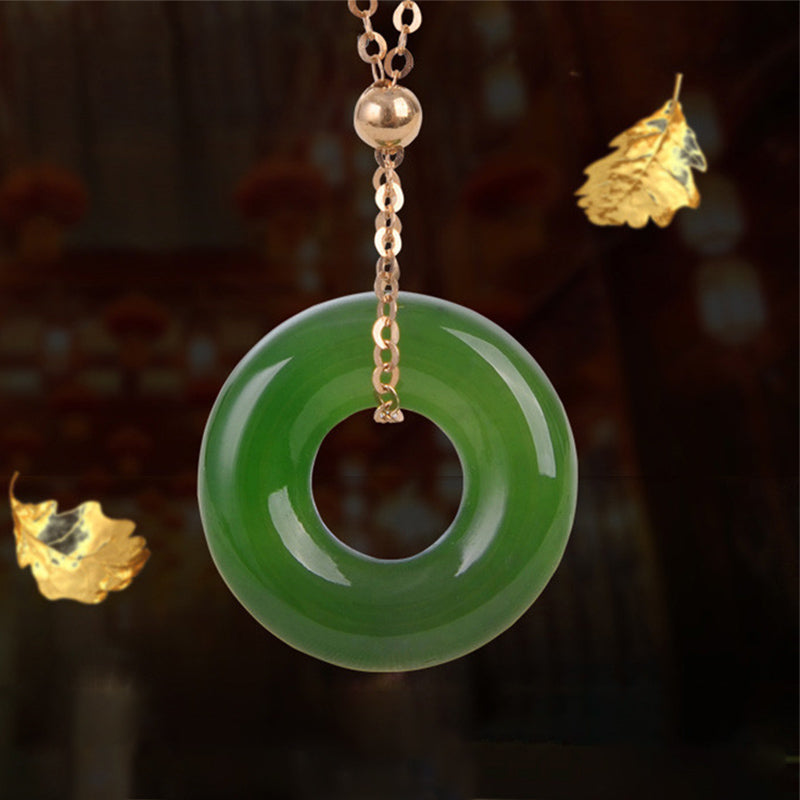 KarmaRipple's Round Cyan Jade Balancing 14K Gold Pendant Necklace p11