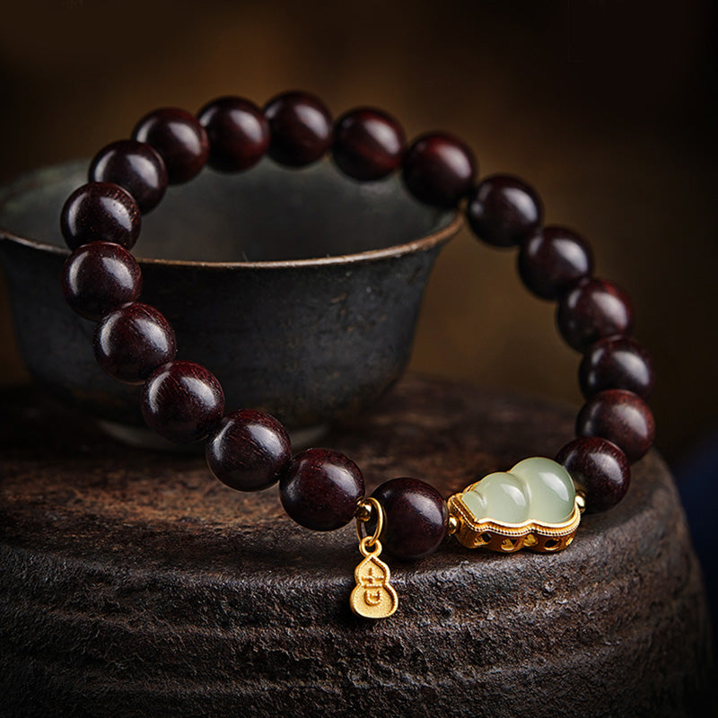 KarmaRipple's Small Leaf Red Sandalwood Gourd Jade Calm Relaxation Bracelet p19