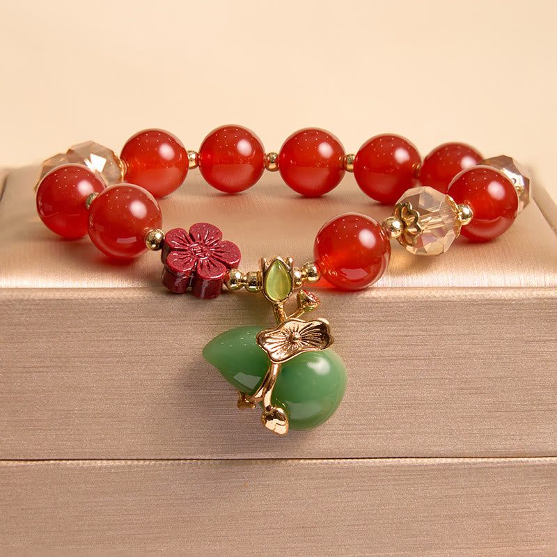 KarmaRipple's Authentic Red Agate Green Agate Gourd Cinnabar Flower Beadwork Confidence Bracelet p20