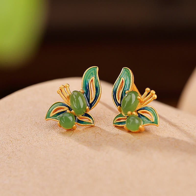 KarmaRipple's 925 Sterling Silver Plated Gold Authentic Cyan Jade Butterfly Fortune Balancing Earrings p1