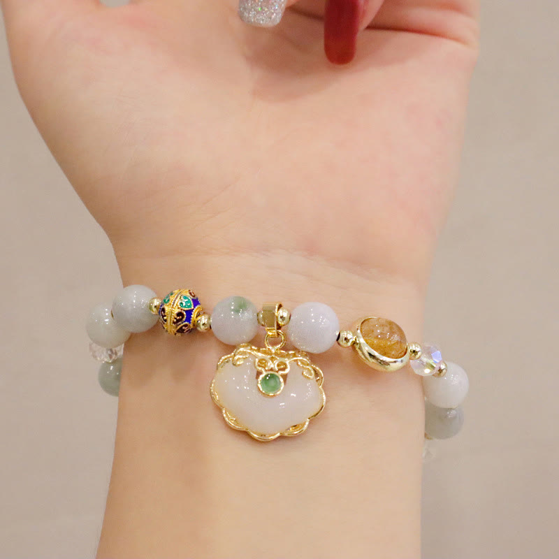 KarmaRipple's Strawberry Quartz Green Gemstone Amethyst Balancing Chinese Lock Talisman Bracelet p13