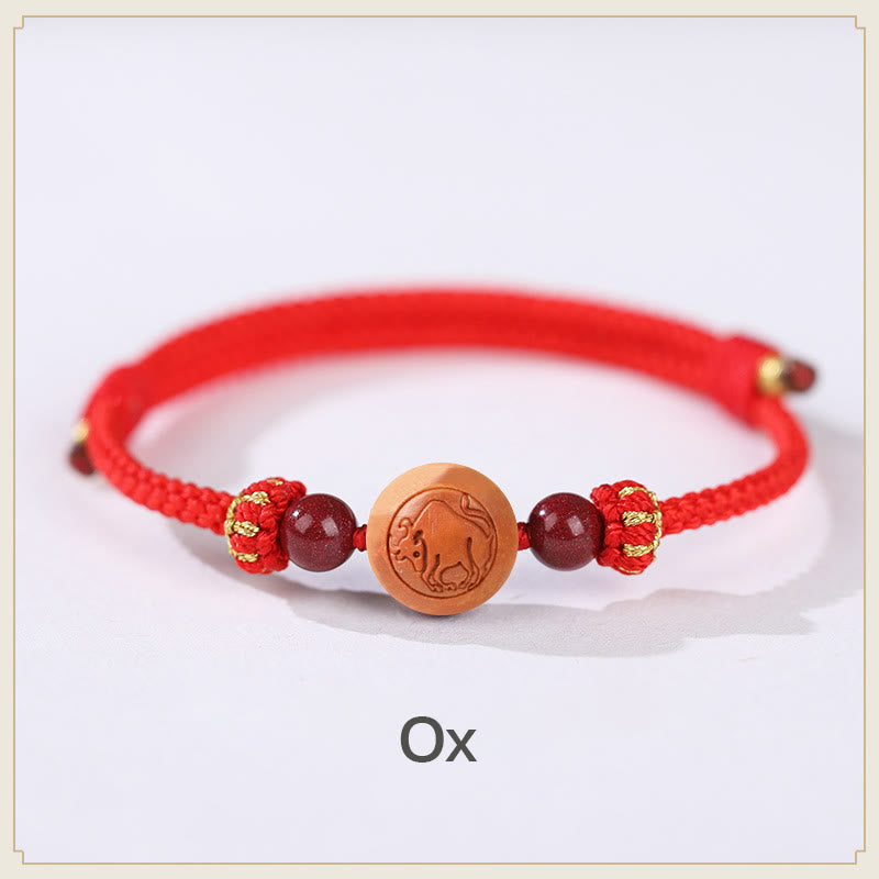 KarmaRipple's Authentic Peach Wood Chinese Zodiac Fu Character Carved Cinnabar Wealth Bracelet p2