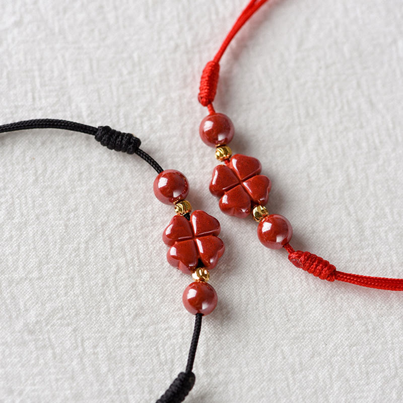 KarmaRipple's Four Leaf Clover Cinnabar Blessing Calm String Bracelet Anklet p28