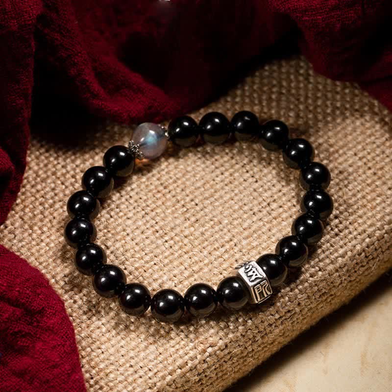 KarmaRipple's Chinese Zodiac Natal Buddha 925 Sterling Silver Black Obsidian Moonstone Strength Bracelet p33