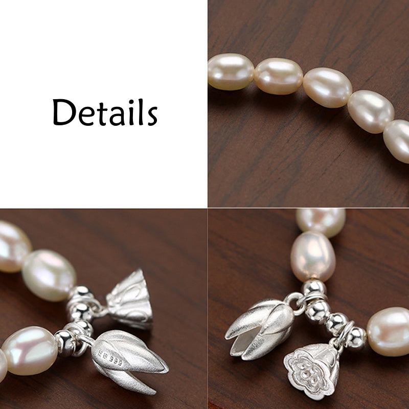 KarmaRipple's 999 Sterling Silver Lotus Flower Pod Authentic Pearl Balancing Bracelet p8