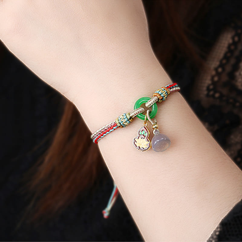 KarmaRipple's Colorful Rope Chalcedony Lotus Jade Peace Buckle Balance Gourd Talisman Bracelet p9