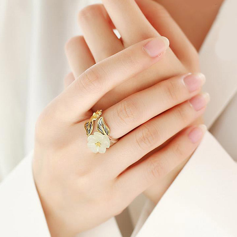 KarmaRipple's 925 Silver Plated Bronze Ivory Jade Plum Flower Leaf Fortune Ring p4