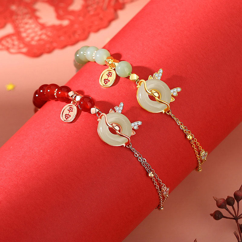 KarmaRipple's 925 Sterling Silver Year of the Dragon Authentic Red Agate Hetian Jade Peace Buckle Fortune Success Bracelet ( p8