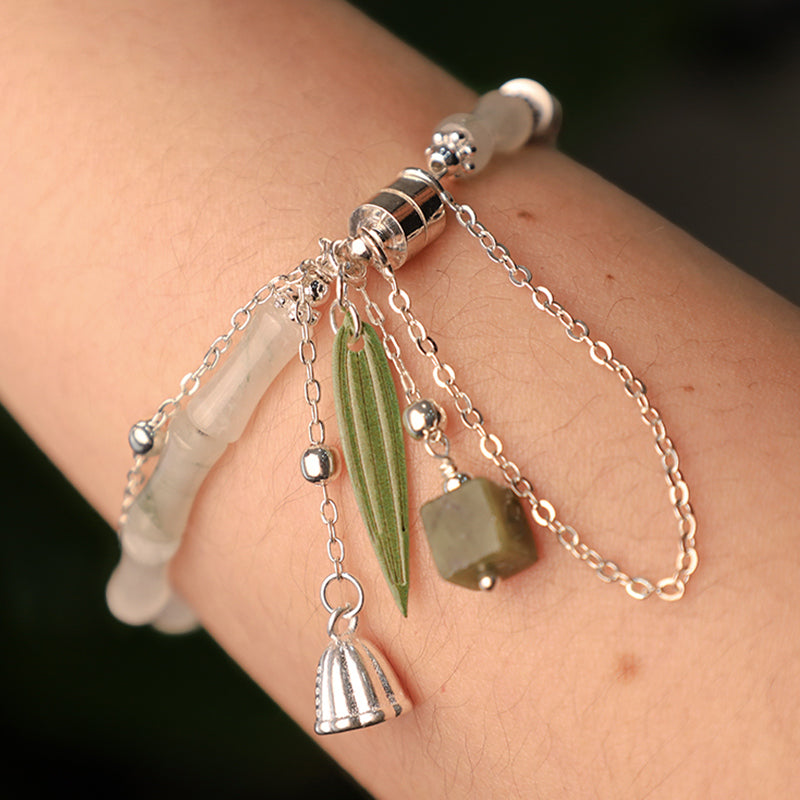 KarmaRipple's 925 Sterling Silver Authentic Ivory Jade Bamboo Leaf Lantern Talisman Happiness Bracelet p9