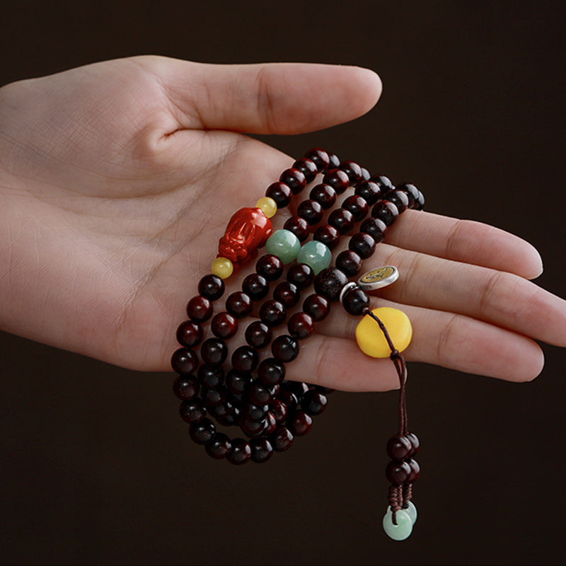 KarmaRipple's Chinese Zodiac Natal Buddha 108 Mala Beadwork Small Leaf Red Sandalwood Red Agate PiXiu Protection Bracelet p13