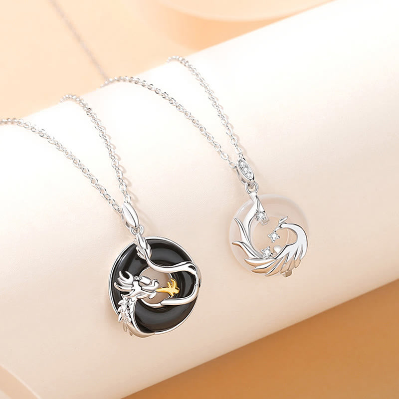 KarmaRipple's 925 Sterling Silver Year of the Dragon Authentic Black Onyx Chalcedony Dragon Phoenix Peace Buckle Protection Pendant Necklace p3