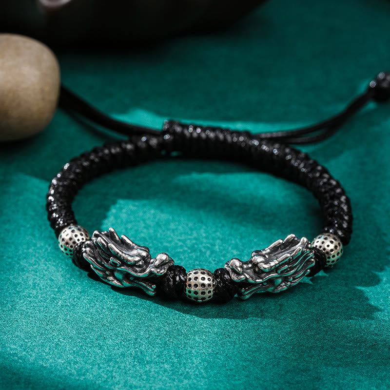 KarmaRipple's 999 Sterling Silver Double Dragon Fortune Handmade Woven Bracelet p1