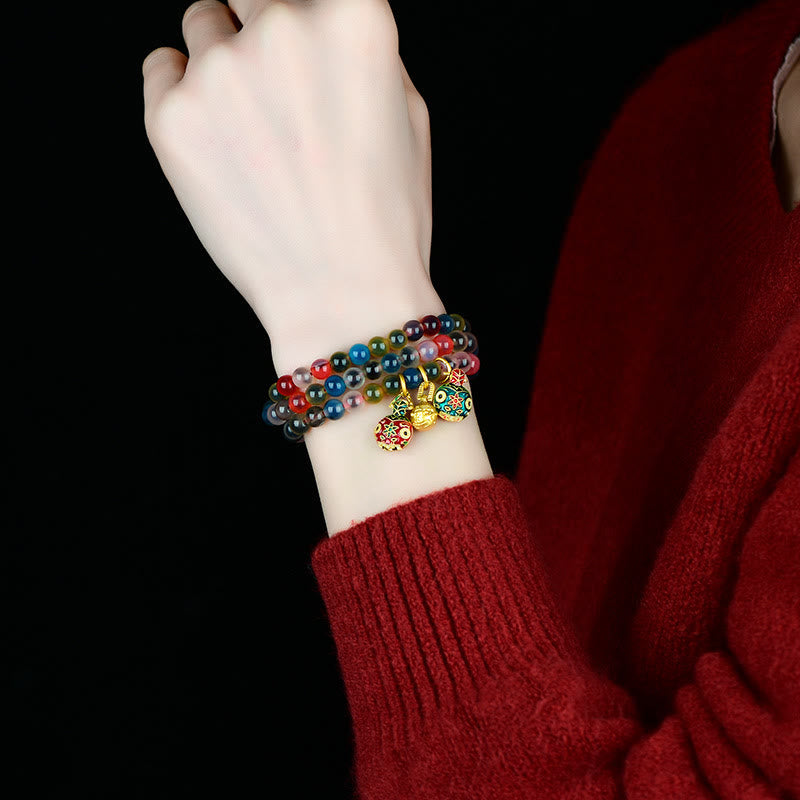 KarmaRipple's Colorful Candy Agate Gold Swallowing Beast Family Strength Talisman Triple Wrap Bracelet p8