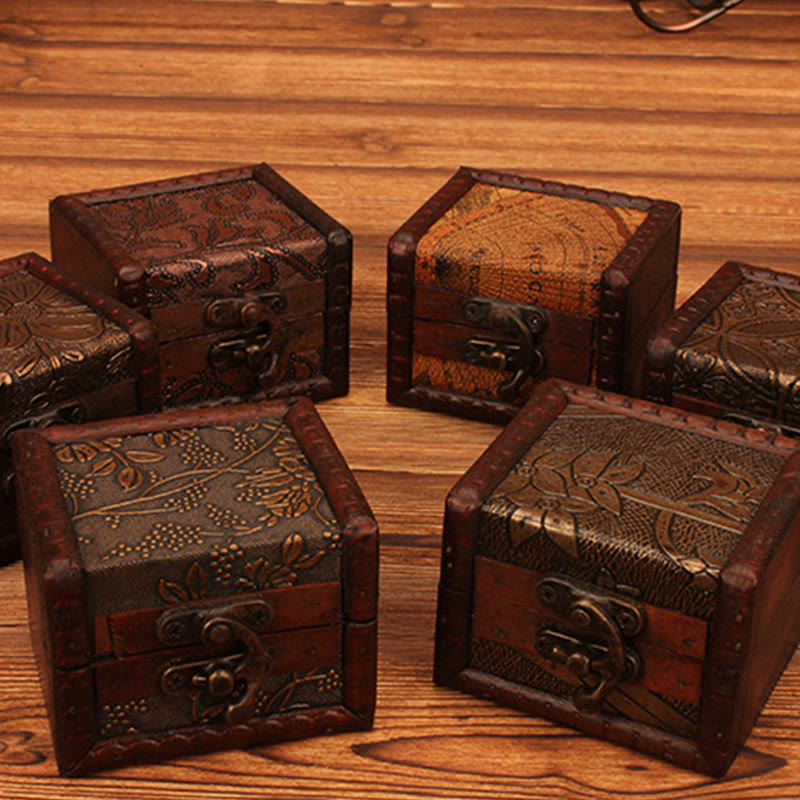 KarmaRipple's Retro Small Square Wood Jewelry Box Lotus Grass Flower Grape Bronze Coin Daffodil Jewelry Storage Box p25