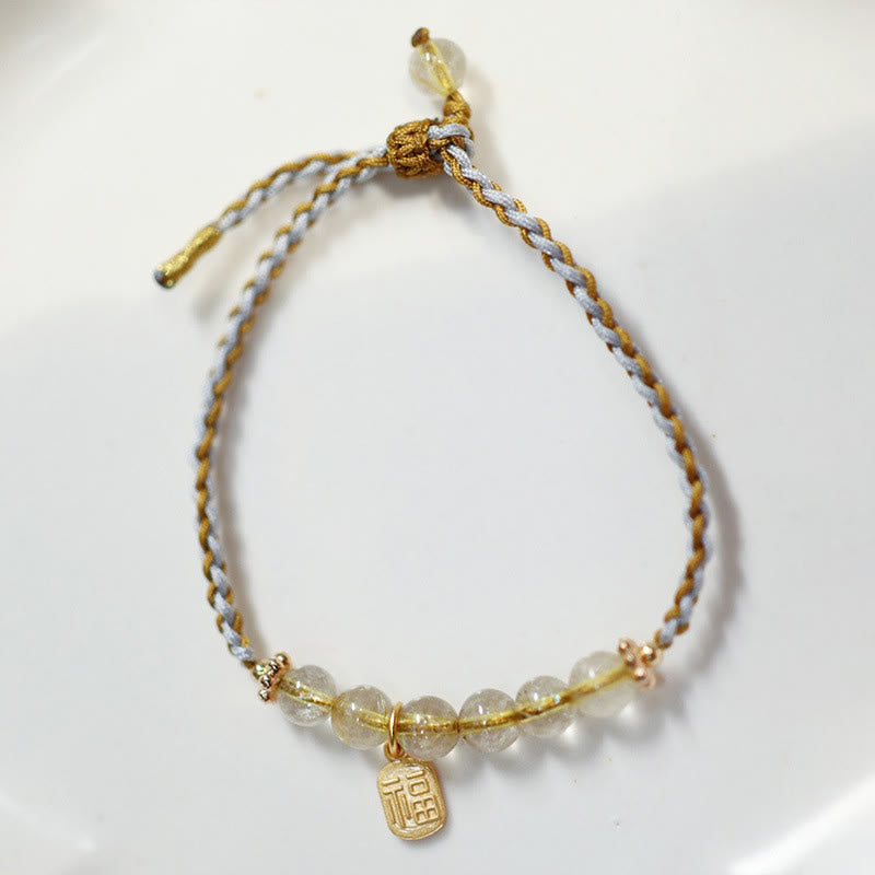 KarmaRipple's 925 Sterling Silver Authentic Jade Gourd Rutilated Quartz Fu Character Fortune Braid Bracelet p8