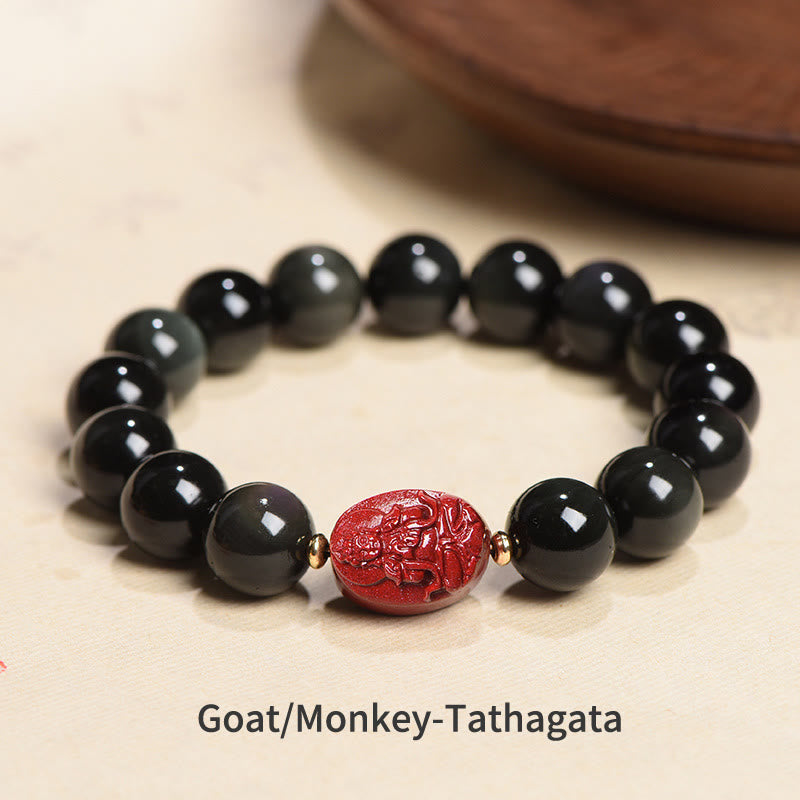 KarmaRipple's Chinese Zodiac Natal Buddha Authentic Black Obsidian Cinnabar Purification Bracelet p62