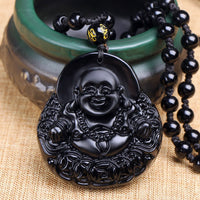 KarmaRipple's Laughing Buddha Black Obsidian Strength Protection Necklace Pendant