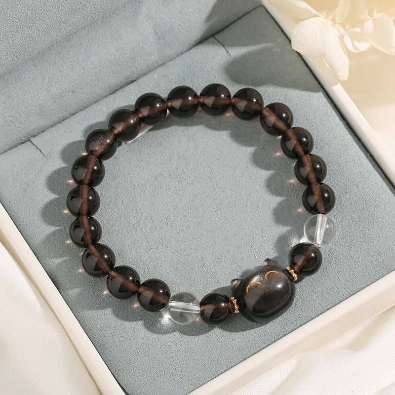 KarmaRipple's Authentic Ice Obsidian Silver Sheen Obsidian Cute Cat Positive Bracelet p2