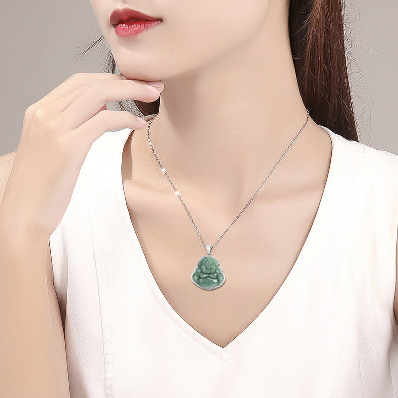 KarmaRipple's 925 Sterling Silver Laughing Buddha Jade Abundance Pendant Chain Necklace p3