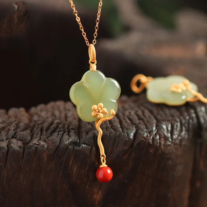 KarmaRipple's Vintage Plum Blossom Flower Jade Red Agate Prosperity Pendant Necklace p1
