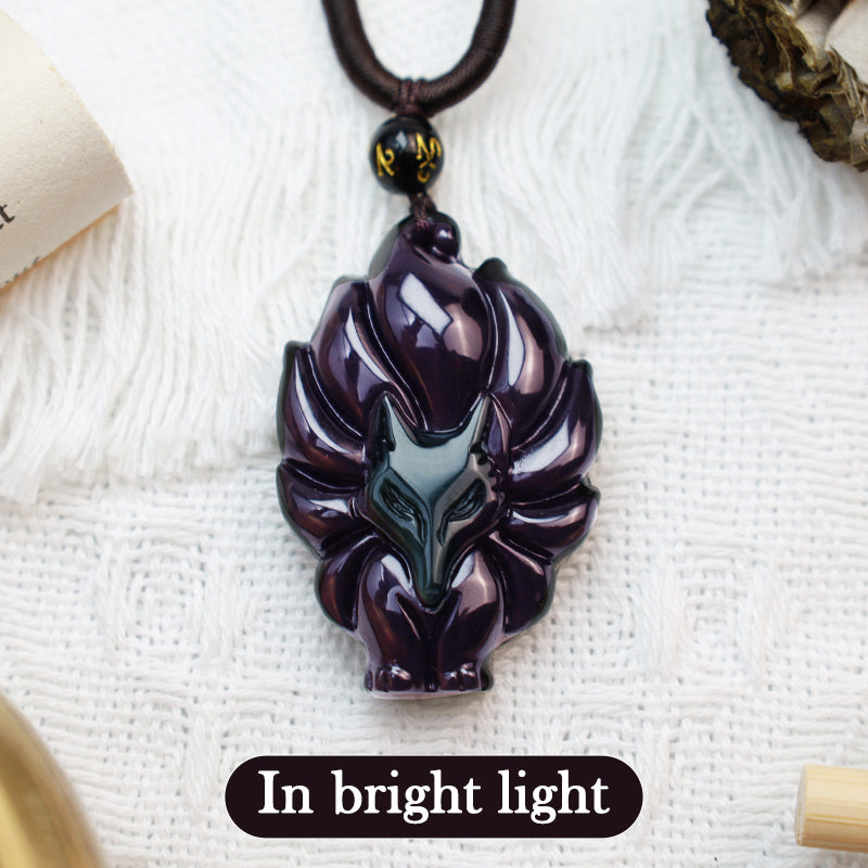 KarmaRipple's Authentic Rainbow Obsidian Gold Sheen Obsidian Nine Tailed Fox Positive Pendant Necklace p10