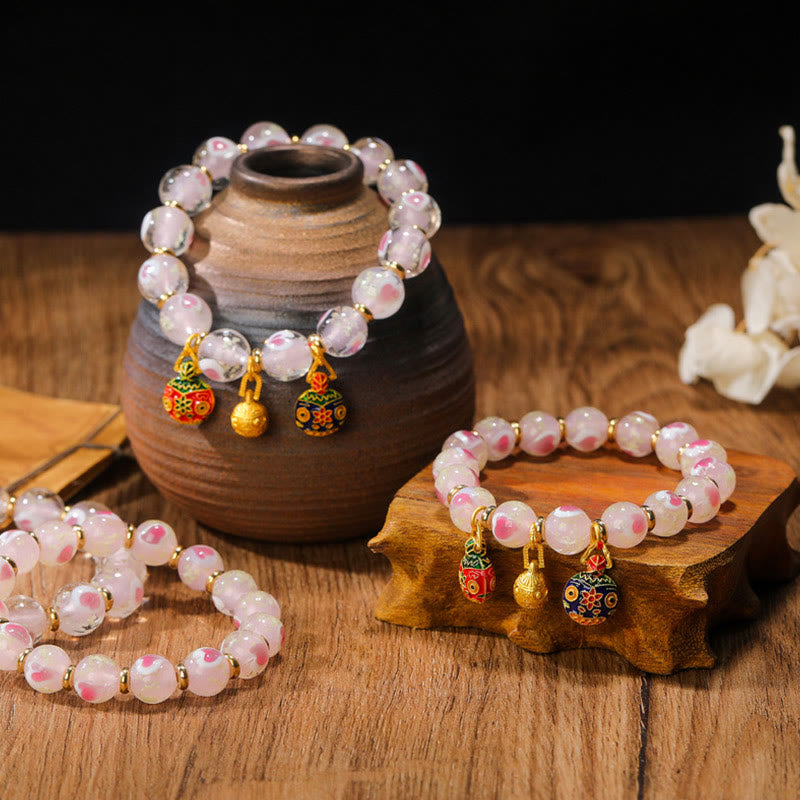 KarmaRipple's Gold Swallowing Beast Family Talisman Luminous Pink Love Heart Fluorescent Liuli Glass Bead Blessings Bracelet p5
