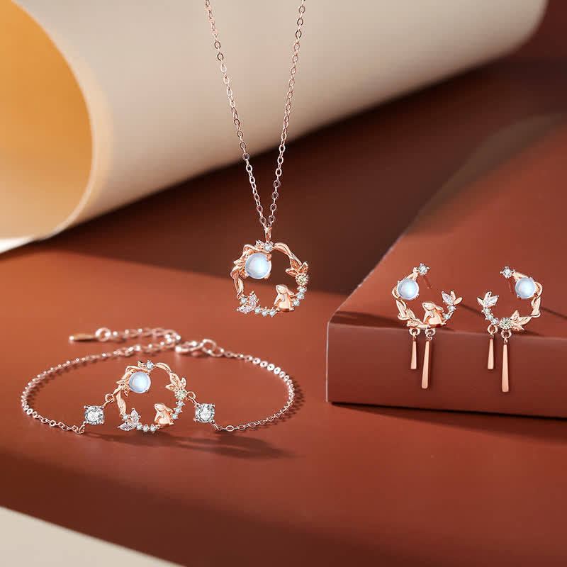 KarmaRipple's 925 Sterling Silver Year of the Rabbit Moonstone Moon Flower Pattern Pendant Necklace Bracelet Earrings p8
