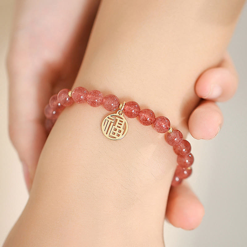 KarmaRipple's 14K Gold Plated Strawberry Quartz Fu Character Balancing Talisman Bracelet p16